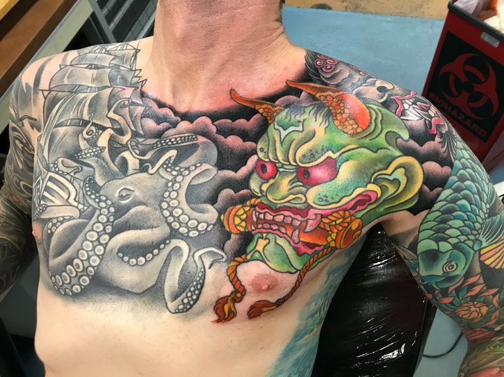  Japanese inspired chest panel tattoo by Brandon Notch 