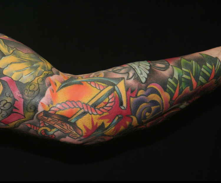  Traditional American new school tattoo sleeve by Brandon Notch 