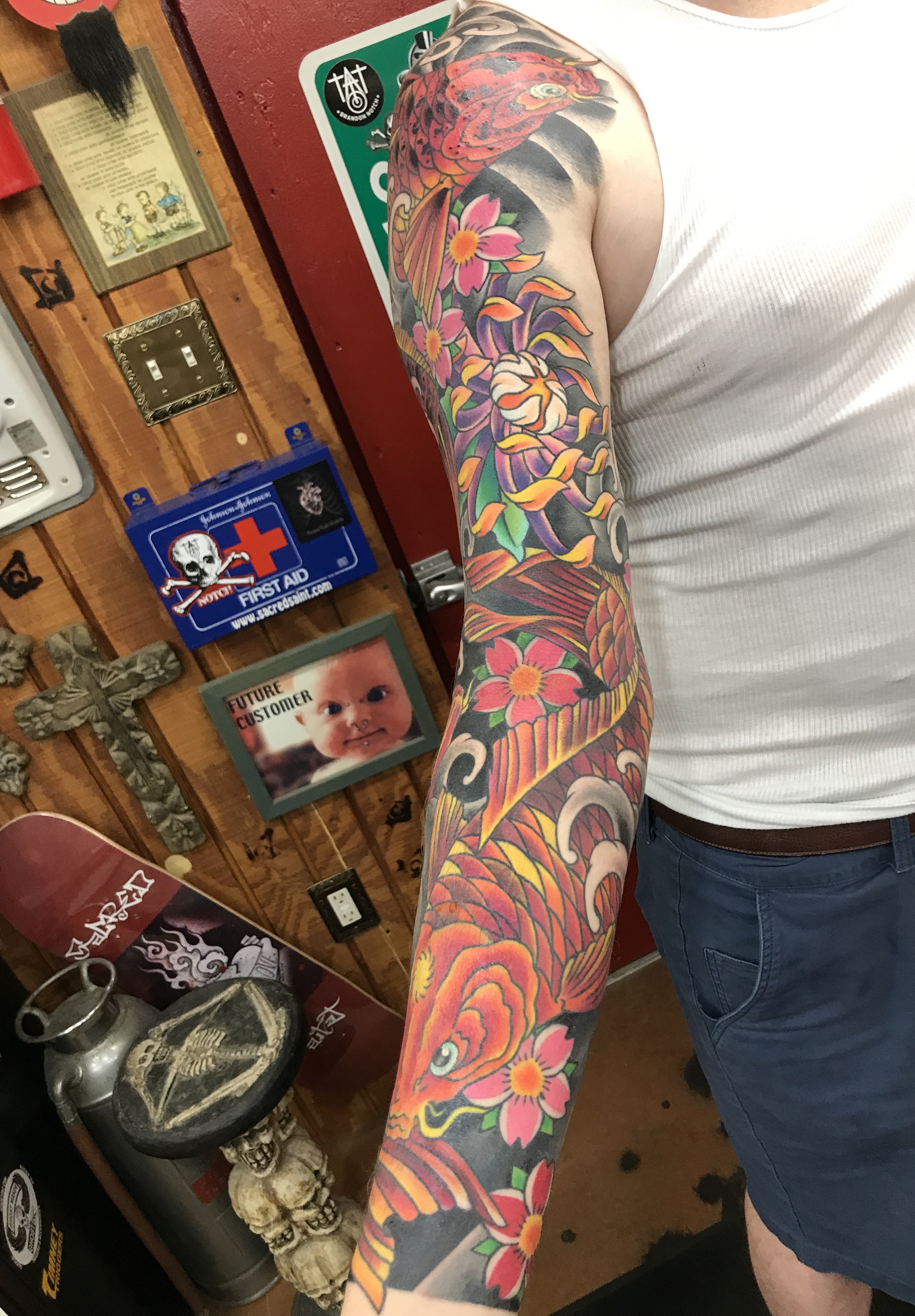  Asian color koi fish tattoo sleeve 