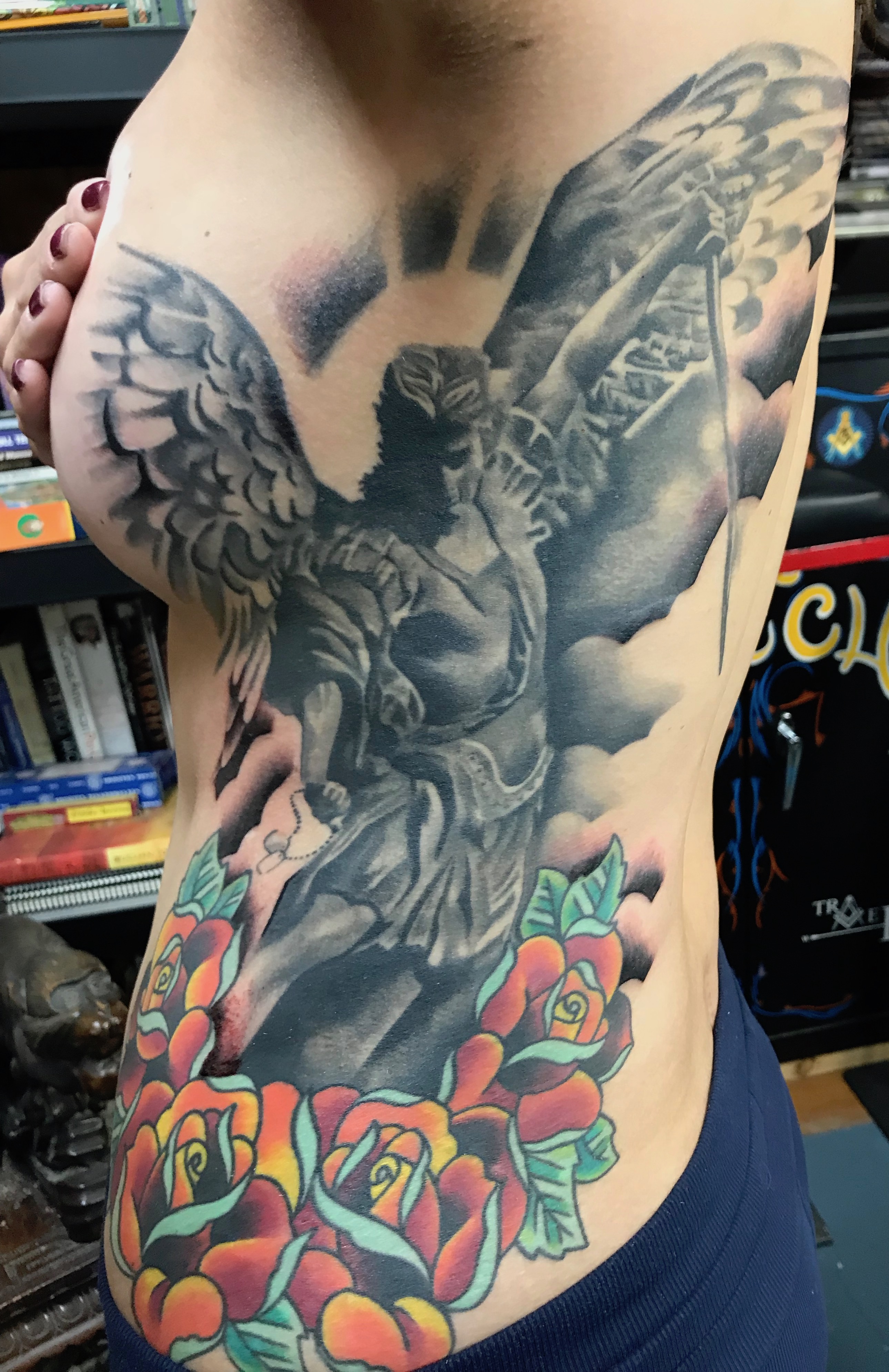  Saint Michael and American traditional roses tattoo  